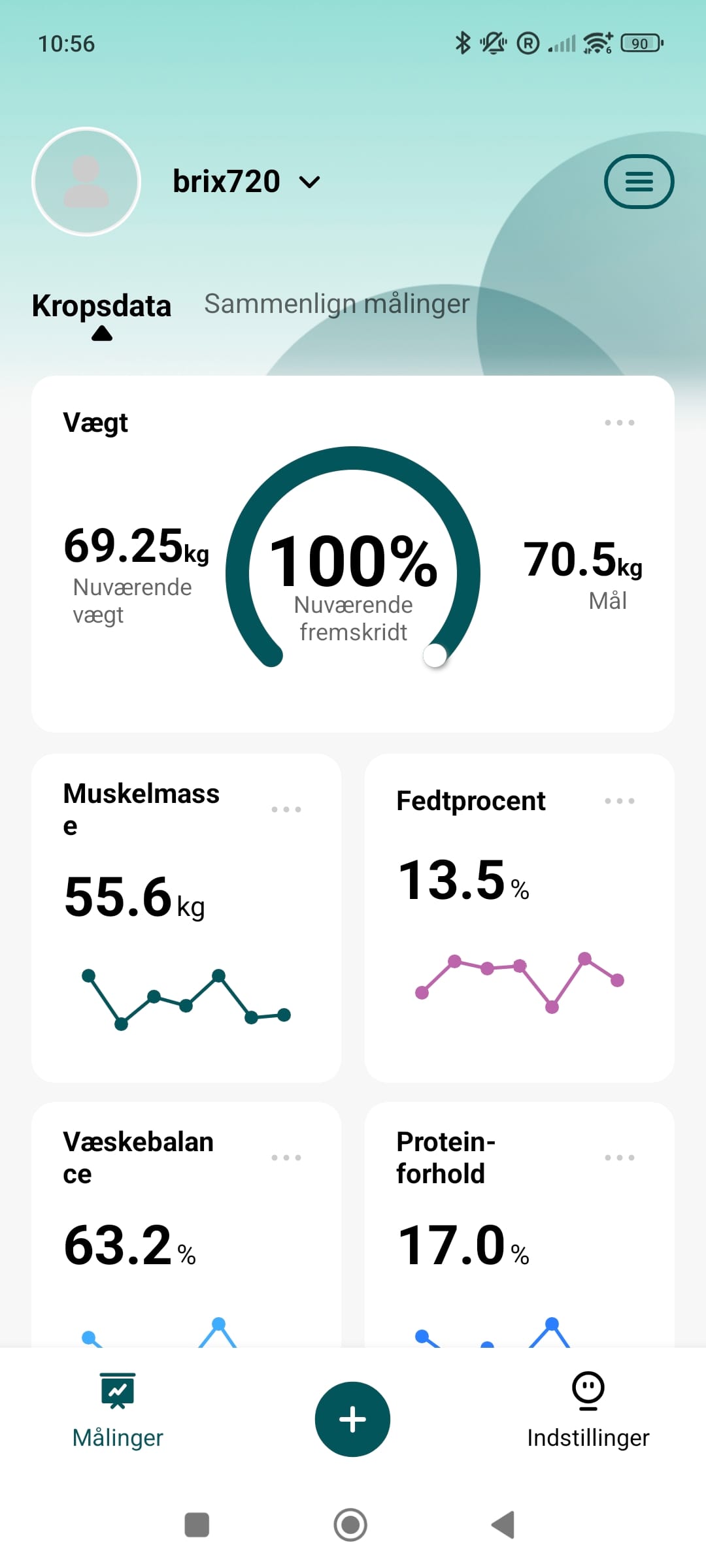 Screenshot af målinger og udvikling på vellafit kropsscanner app