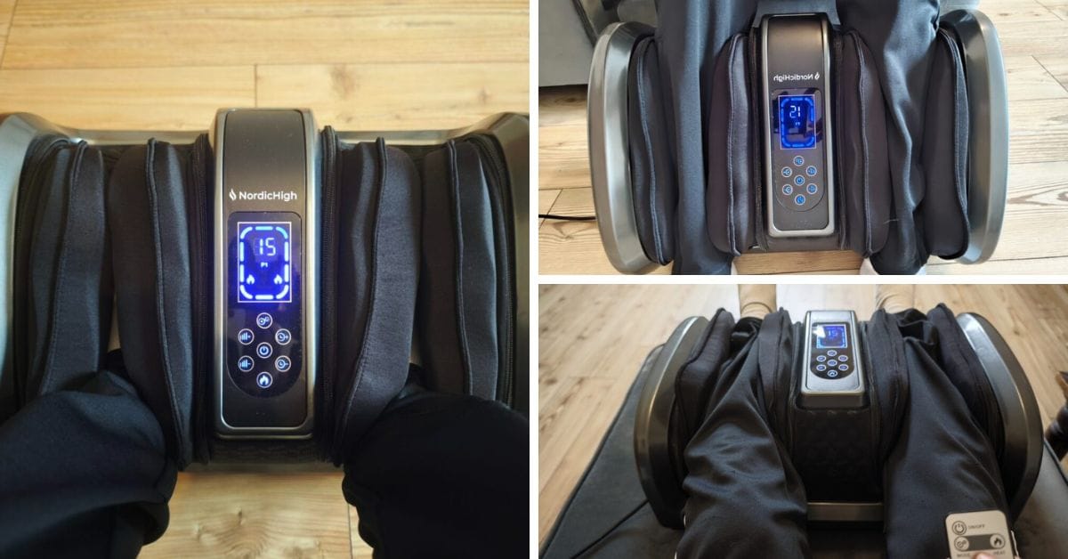 NordicHigh Fodmassager Pro+ viser tre massageformer fodmassage, lægmassage siddende og lægmassage i liggende position